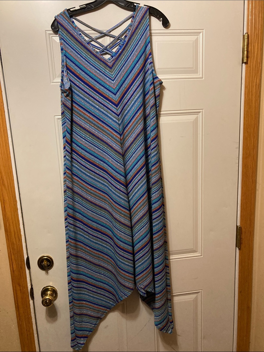 Sleeveless Blue Striped Summer Midi Dress with Crisscross Back S